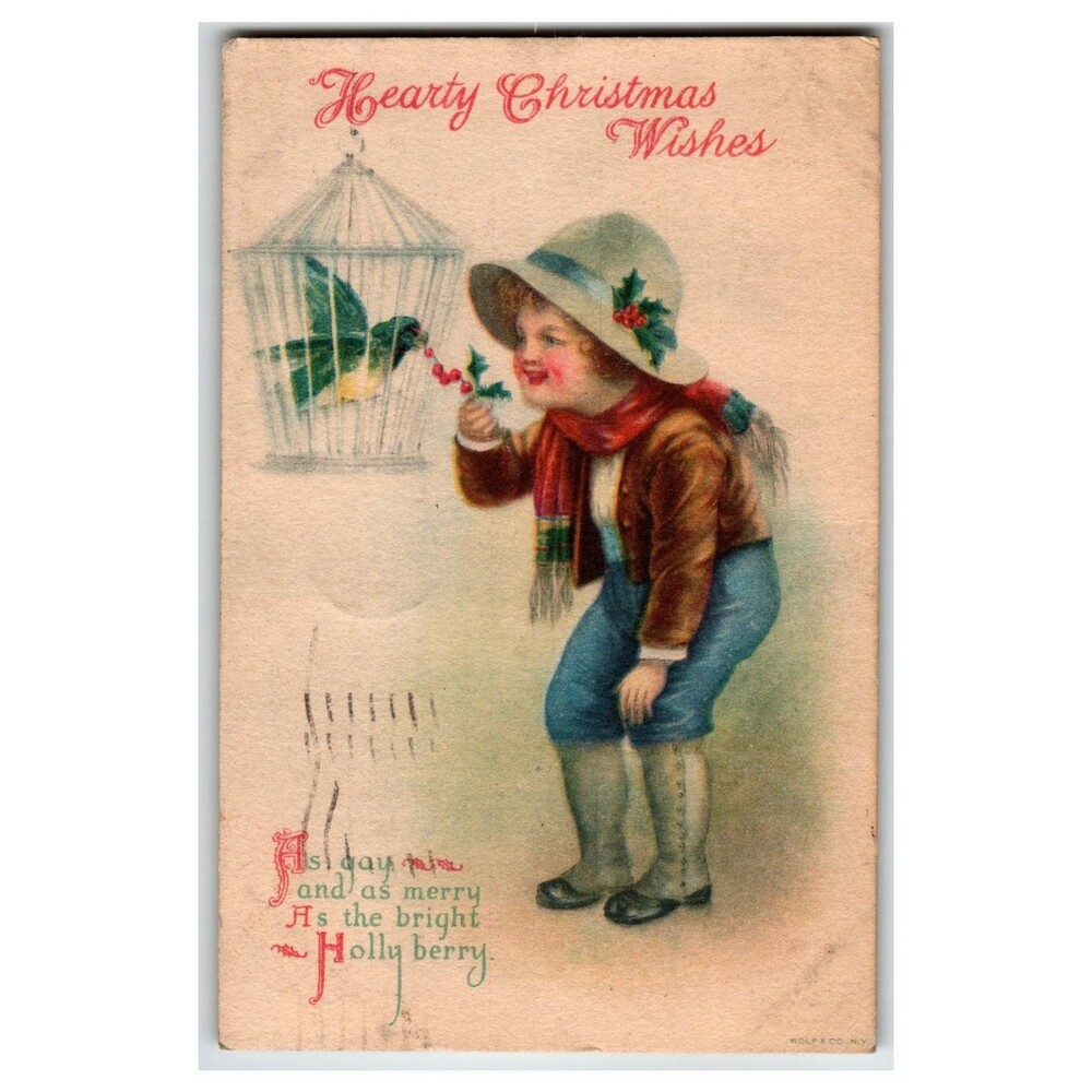 1922 Christmas Postcard Boy Feeding Bird Holly Wolf Meadville PA Clapsaddle